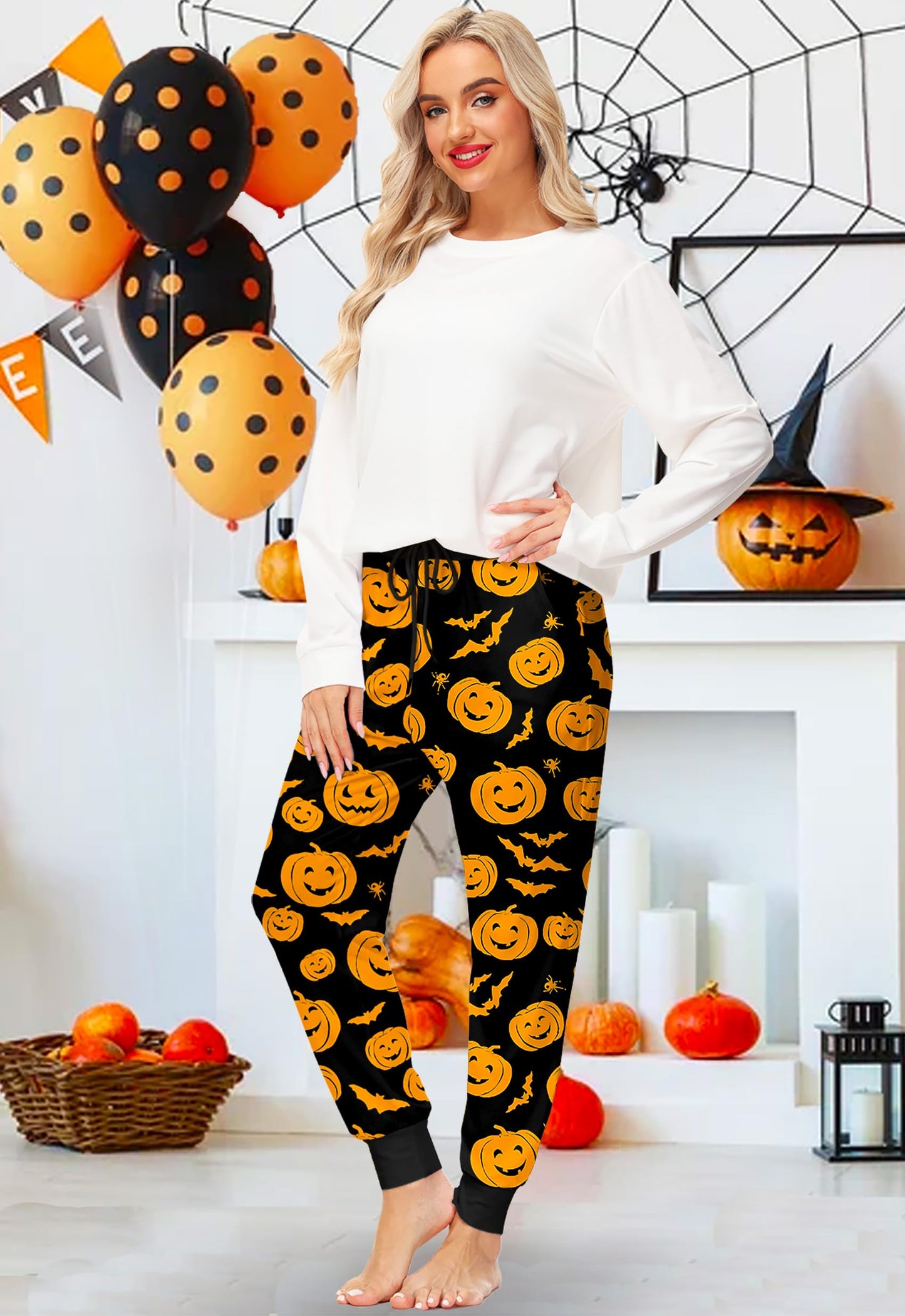 Women Pumpkin Leggings Halloween Jogger Pants for Women Cotton Ankle Drawstring Lounge Pajama Pants 2XL