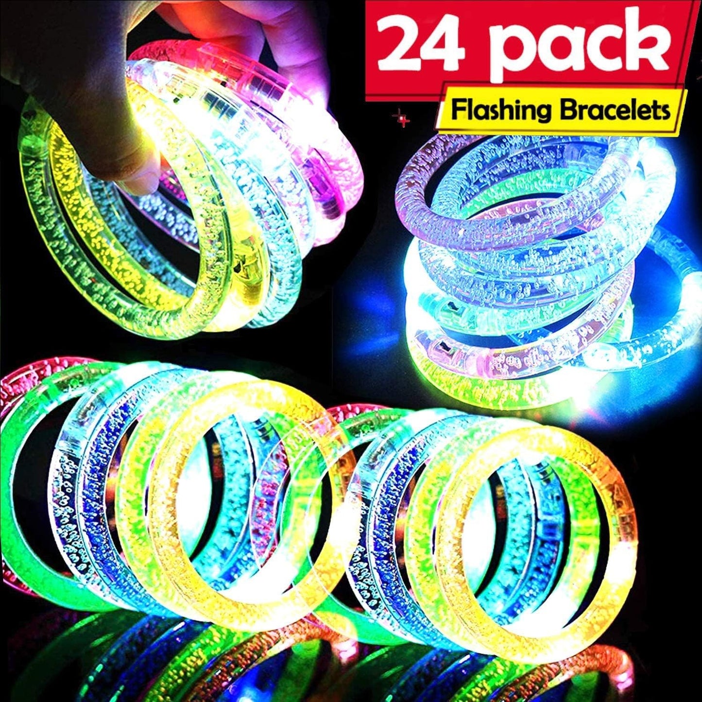 AMENON 24 Pack Glow In The Dark LED Bracelets Party Supplies for Adult, Flashing Light Up Bracelet Glow Sticks Party Favor Treasure Box Toys Classroom, Birthday, Back to School Halloween