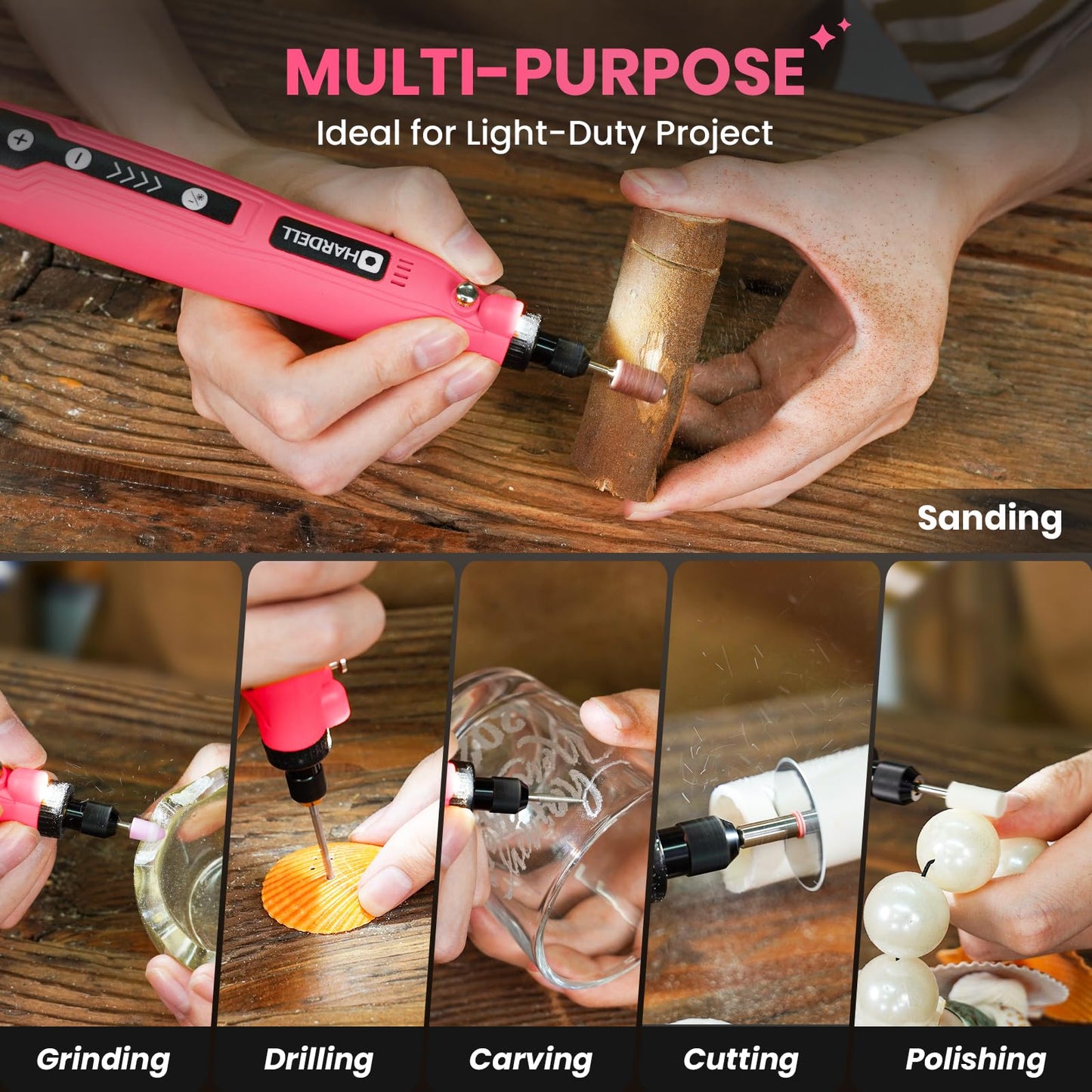 HARDELL Mini Cordless Rotary Tool, 5-Speed 3.7V Rechargeable Rotary Tool Kit with 61 Accessories, USB Charging Multi-Purpose DIY Tool for Sanding, Polishing, Drilling, Engraving, Woodworking