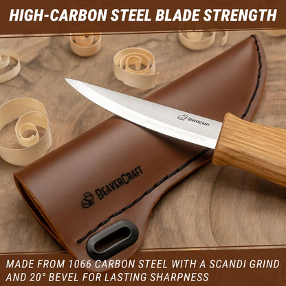 BeaverCraft Wood Carving Sloyd Knife C4s 3" - Whittling Knife with Leather Sheath for Carvers - Chip Wood Carving Tools for Beginner and Profi