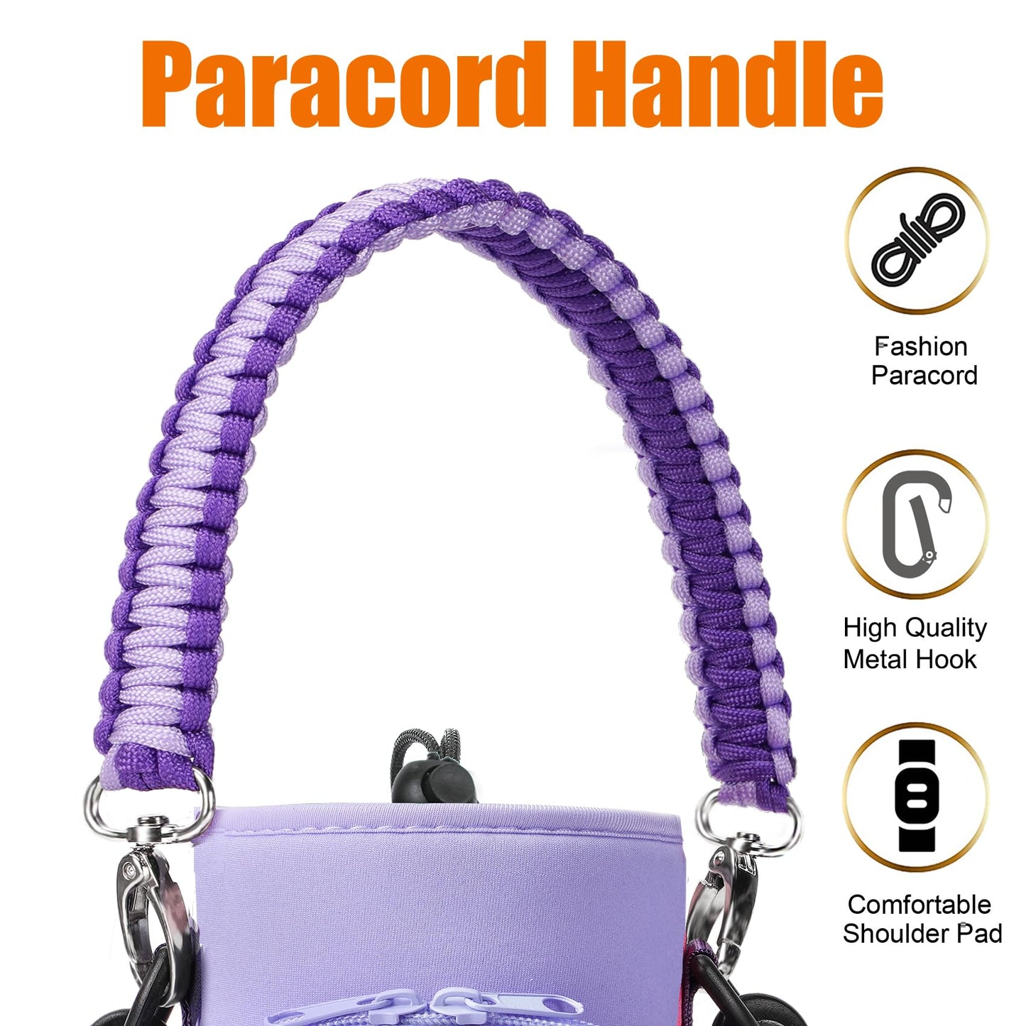 AceTreker 32/40/64/128 oz Neoprene Insulated Water Bottle Carrier Bag, Sport Bottle Sleeve Pouch Holder with Strap & Paracord Handle and 2 Pocket for Travelling, Hiking, Camping-Purple