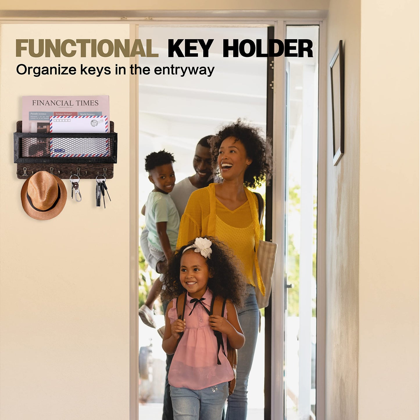 ADIIL Mail and Key Holder for Wall Decorative, Wooden Wall Mount Key Rack Hanger Organizer with 4 Double Key Hooks, Rustic Home Decor for Entryway Hallway, Brown