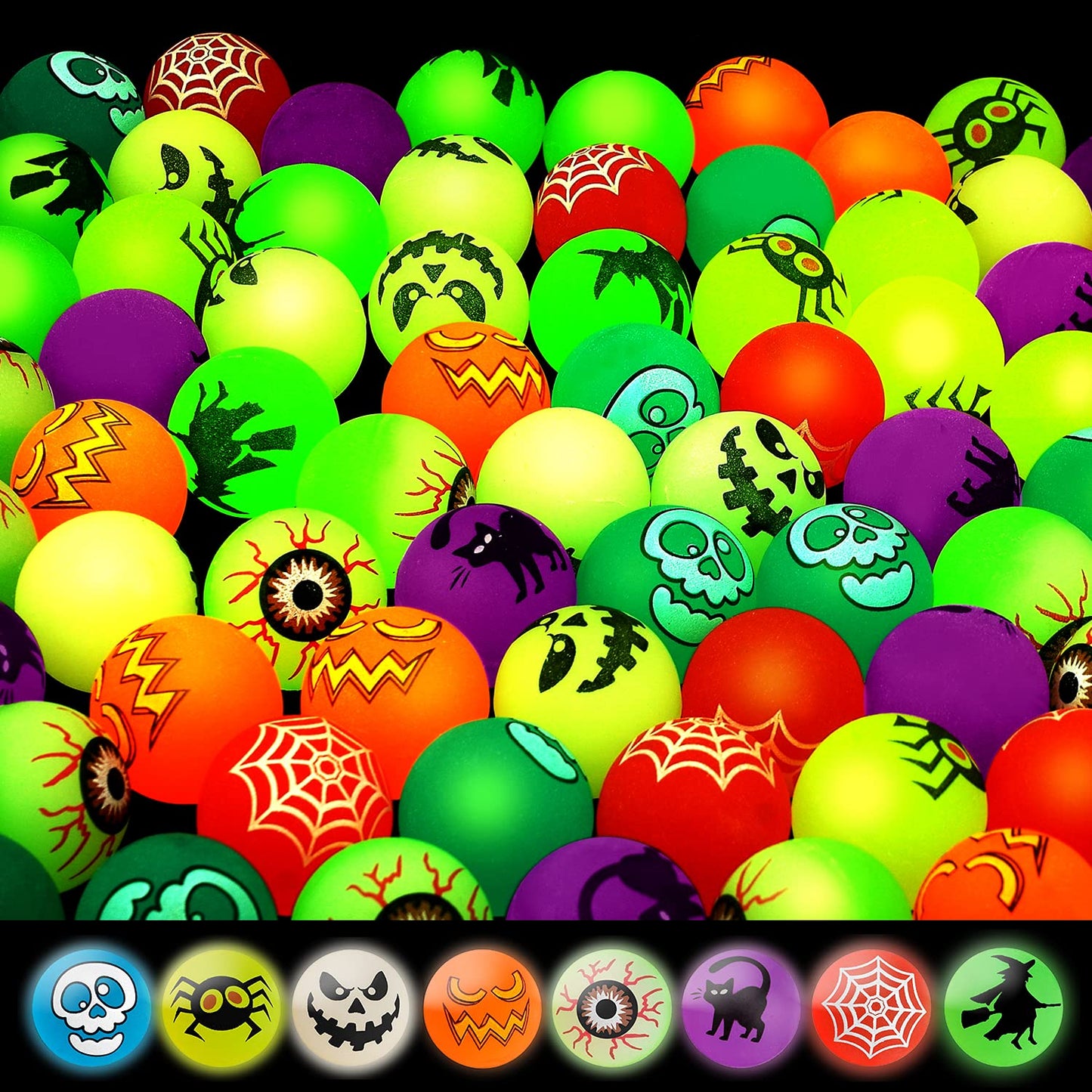 40 Glow in The Dark Bouncing Balls,Halloween Party Favors Supplies,8 Halloween Theme Designs, Trick or Treating Goodie Bag Filler, School Classroom Game Rewards, Halloween Miniatures (with Pouch Bag)