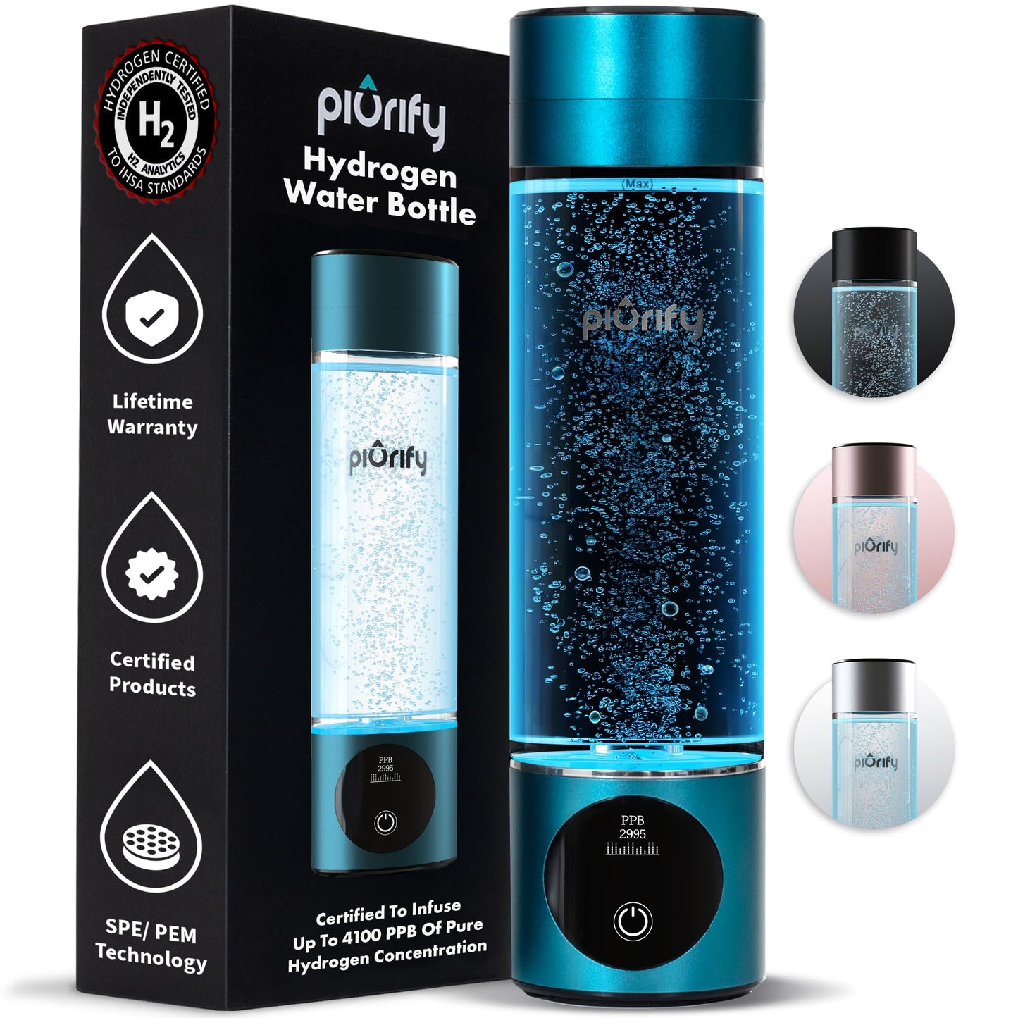 Hydrogen Water Bottle Generator - Up to 4100+ PPB - SPE/PEM Technology - Certified H2 Generator - Portable Athletic Performance & Hydration System - 6-Hour Hydrogen Retention, 10 oz (Turquoise)