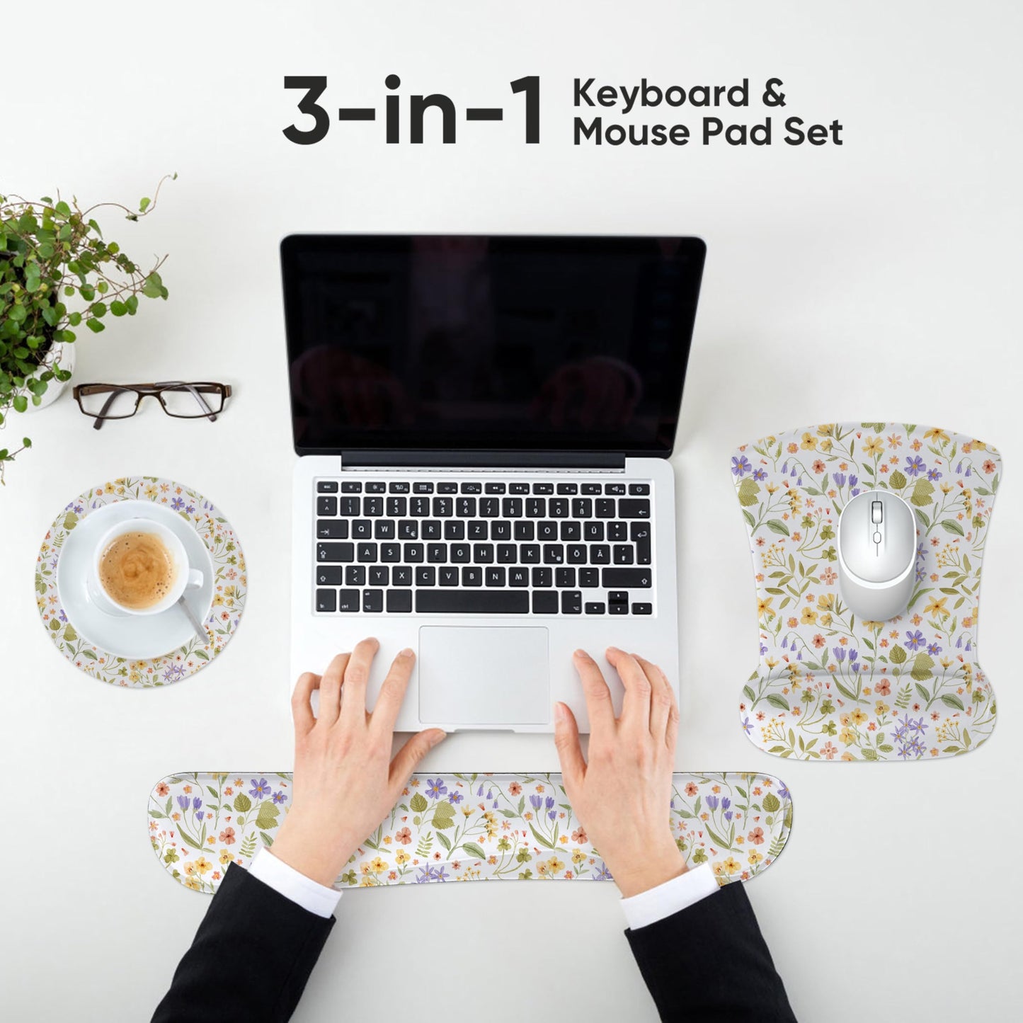 AUPET Mouse Pad Keyboard Wrist Rest Set,Ergonomic Memory Foam Mouse Pads Wrist Support Set,Non-Slip Base, Smooth Surface, Pain Relief for Gaming,Office (Pressed Flower Art)