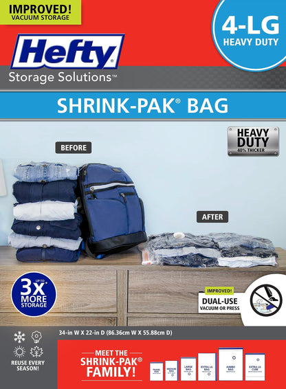 Hefty Shrink-Pak Heavy Duty Vacuum Storage Bags – For Clothes, Pillows, Towels, Blankets & More – Space Saver Vacuum Suction Seal for Home or Travel – 4 Large Bags, 34 x 22 Inches