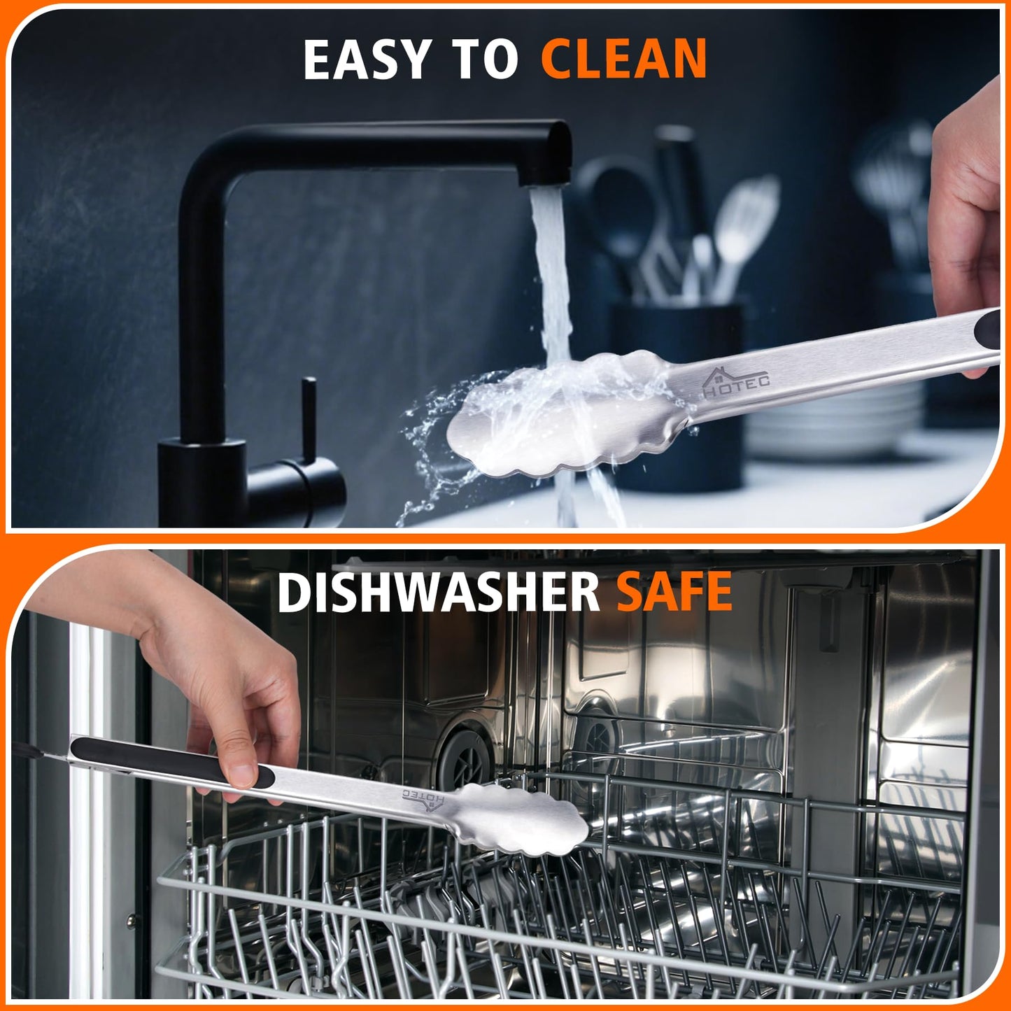 Hotec Stainless Steel Kitchen Tongs Set of 2 - 9" and 12", Locking Metal Food Tongs Non-Slip Grip