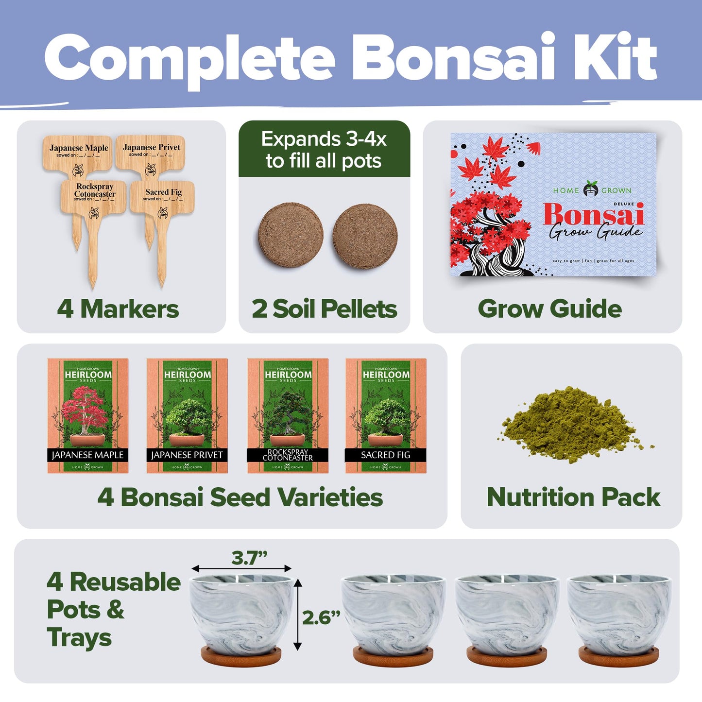 Home Grown Bonsai Tree Kit – Premium Ceramic Starter Set with 4 Bonsai Varieties – Easy Indoor Gardening Gift for Men & Women – Unique Plant Kit for Beginners & Nature Lovers