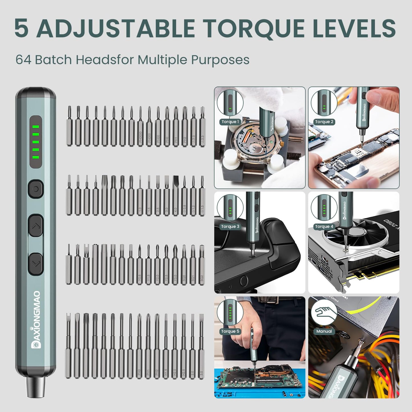 70-in-1 Cordless Electric Screwdriver Set with 64 S2 Steel Bits: 3.7V USB-C Rechargeable, 5 Torque Settings & 4 LED Lights, Mini Repair Kit for PC, RC Electronics, Phones, Laptops, Glasses, Clocks