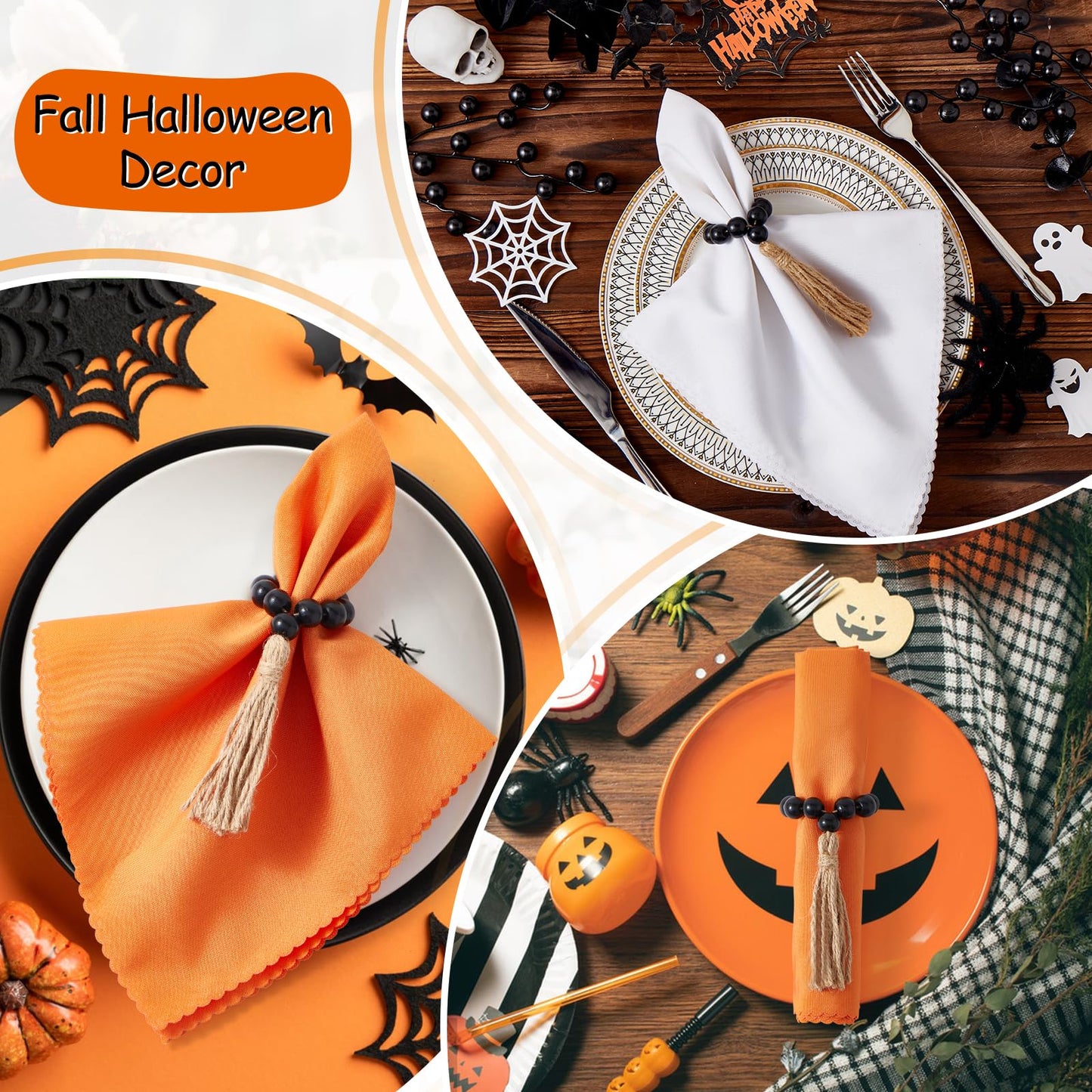 AWTWOW Napkin Rings Set of 12, Black Wooden Bead Napkin Rings for Table Decor, Hallowen Farmhouse Napkins Rings for Boho Table Decor, Fall Banquet, Wedding, Holiday Dinner Party