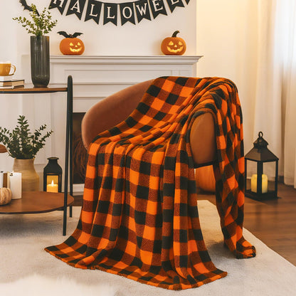 BEDELITE Halloween Blanket for Decor & Gift, Orange and Black Buffalo Plaid Throw Blanket for Couch, Soft & Warm Fleece Throw for Women Men, 50"x60"