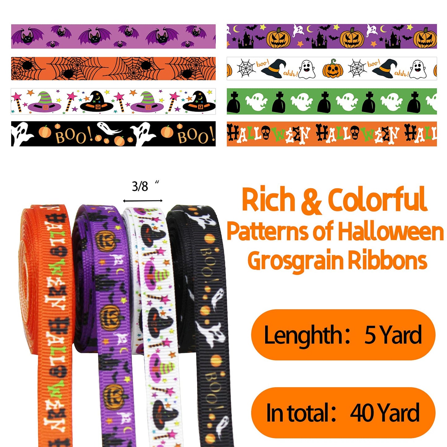 40 Yards 8 Rolls Halloween Ribbon for Crafts, Gift Wrapping and Halloween DIY Supplies Decor - 10mm