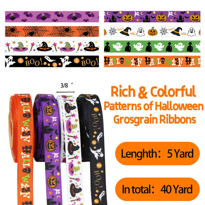 40 Yards 8 Rolls Halloween Ribbon for Crafts, Gift Wrapping and Halloween DIY Supplies Decor - 10mm