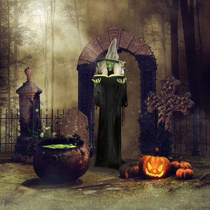 Haunted Hill Farm Life-Size Talking Witch Holding Spell Book, Halloween Animatronic with Touch Activated Lights and Sound, Poseable, Battery Operated Indoor or Covered Outdoor Halloween Decorations