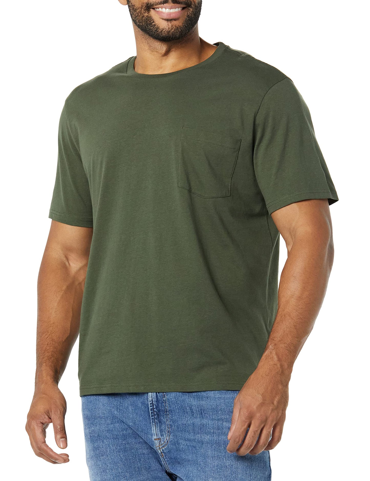 Amazon Essentials Men's T-Shirts, Short-Sleeve Crewneck Pocket, Cotton, 2-Pack, Medium, Black/Olive