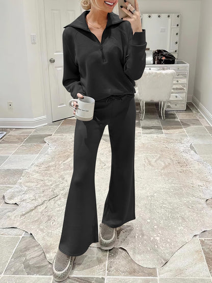 ANRABESS Women 2 Piece Outfits 2025 Fall Fashion Airport Wide Leg Pants Lounge Set Leisure Travel Vacation Clothes Sweatsuits Black Medium