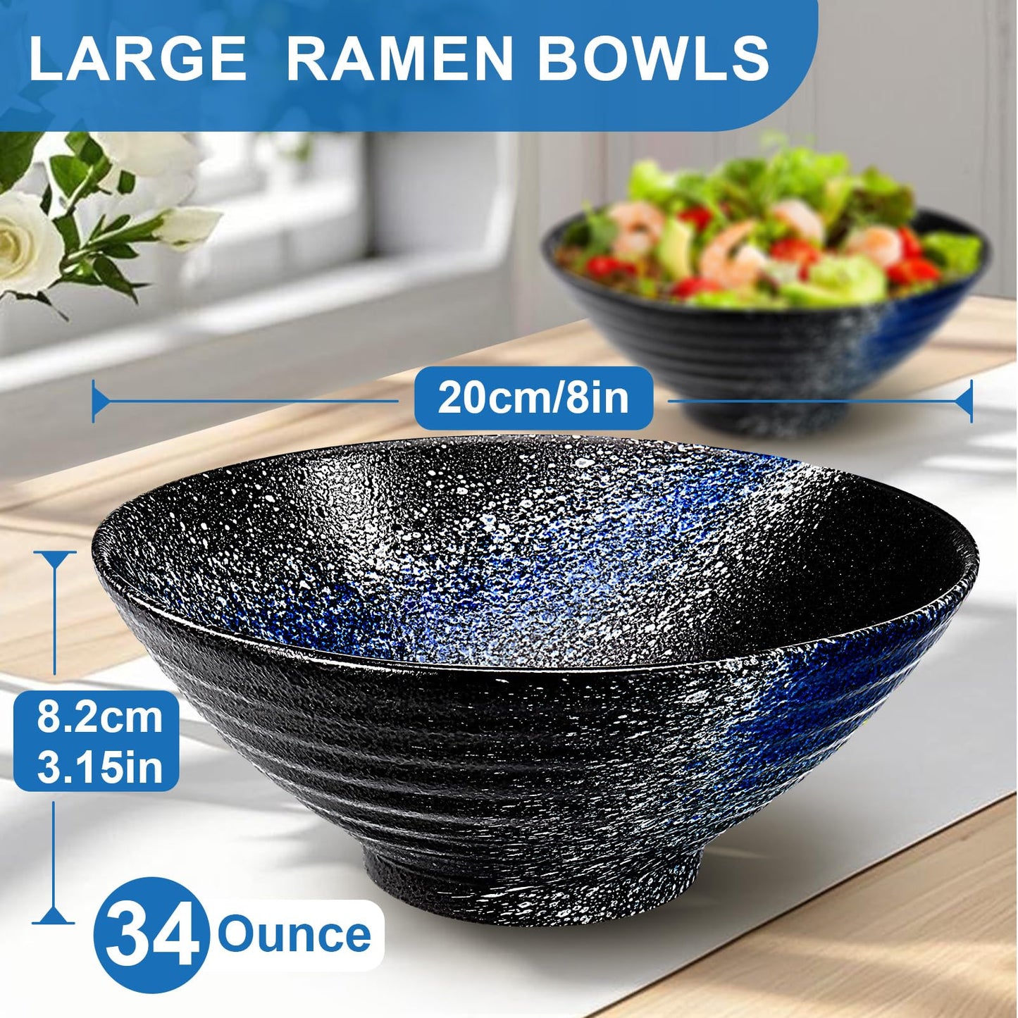 8-Inch Ceramic Ramen Bowl Set of 2 (9 Piece) - Porcelain Japanese Salad Noodles Cereal Fruit Pasta Soup Large Bowls with Recipes Chopsticks Forks Spoons for Men Women Gift Microwave & Dishwasher Safe