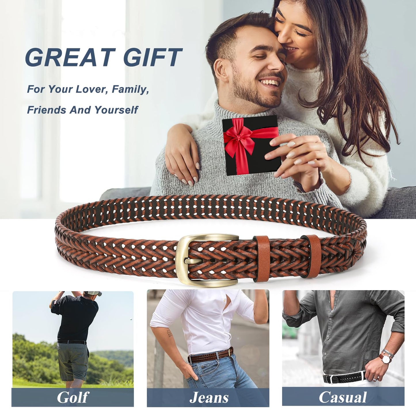 BELTROAD Mens Braided Leather Belt Woven Leather Belts Birthday Christmas Gifts for Men Brown Hand Braided Belt for Wasit 32"-38"
