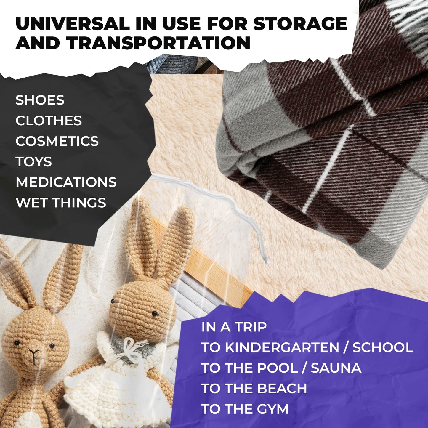 APQ Drawstring Bag, 12x16 Inches. 100 Waterproof Plastic Bags. 2 Mil Bags for Cosmetics, Toiletries