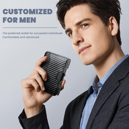 Airzoo Wallet for Men, RFID Blocking Slim Mens Wallet with Money Clip, Minimalist Pop Up Card Case, ID Window, 9-11Cards Capacity, Bifold Leather Front Pocket Wallet with Gift Box (Black-Carbon Fiber)