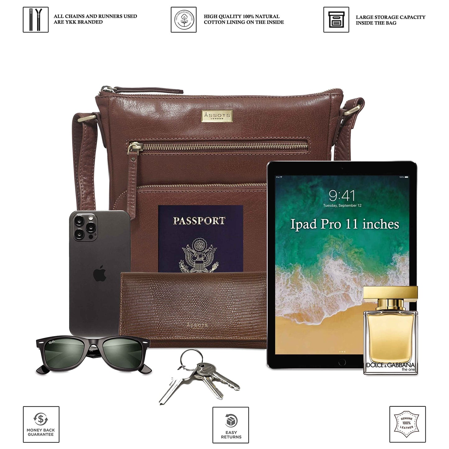 ASSOTS Smart Leather Crossbody Bag for Women – Triple Zip Crossover Purse Travel Bag Fits iPad Pro 11”