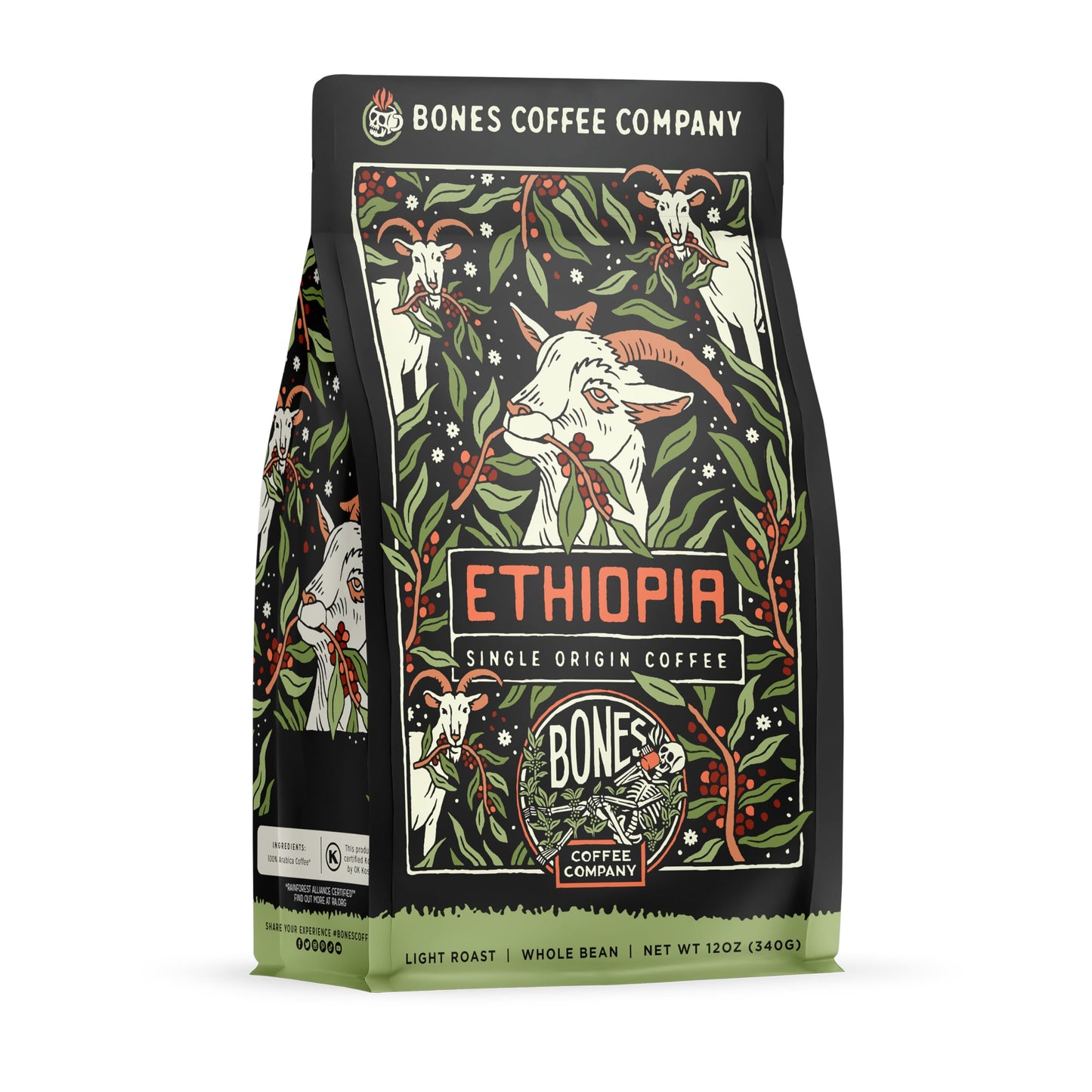 Bones Coffee Company Ethiopia Single-Origin, Citrus, Floral and Berries Notes, Whole Coffee Beans, Low Acid Medium Roast Arabica Beans Flavored Coffee, 12 oz Whole Bean