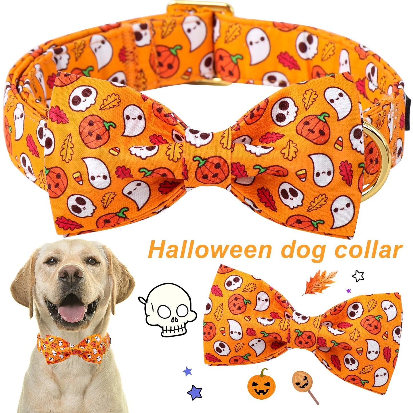 ARING PET Halloween Dog Collar with Bow, Cute Orange Ghost Pumpkin Pets Necklace Detachable Bow Tie Collars for Puppy Small Medium Large Girl Boy Dogs-XS