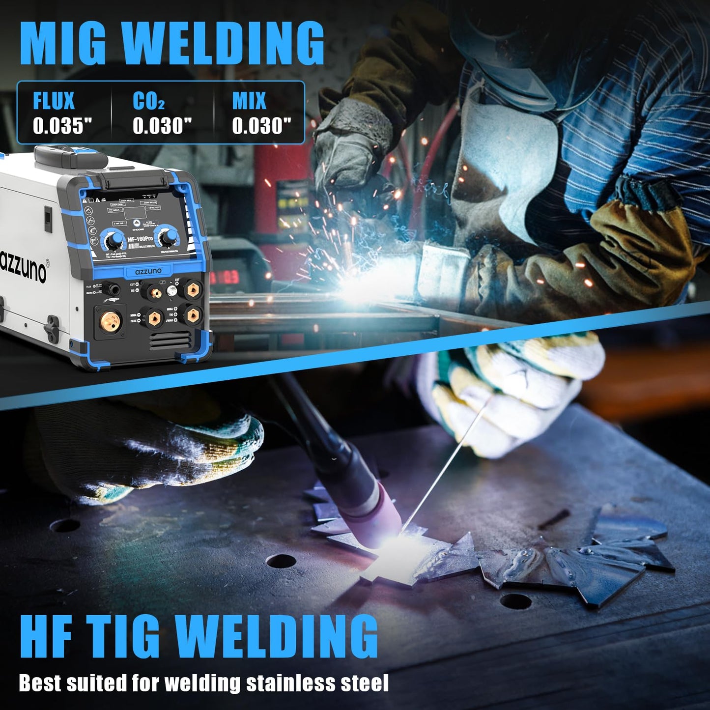 AZZUNO 5 in 1 160A Welder Machine, Plasma Cutter Welder Combo with HF TIG/Gas MIG/Flux MIG/Stick Welding, 110/220V Dual Voltage Multiprocess Welding Machine