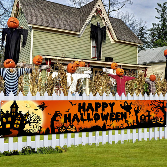 Avezano Happy Halloween Banner Large 98.4 x19.6 Inch Yard Sign Banner Black and Orange Halloween Party Decorations Welcome Hanging Flag Outdoor Fence Garage Garden Porch Holiday Backdrop