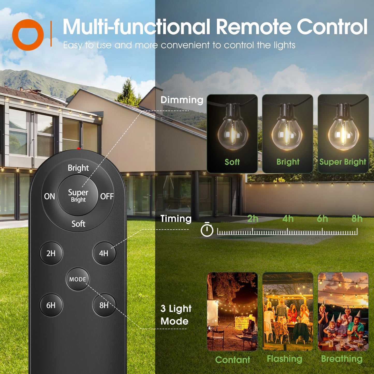 addlon 56FT(50+6) Solar String Lights Outdoor with Remote, 27 Shatterproof G40 Bulbs, Solar Powered & USB Charging Patio Lights, Dimmable Waterproof Solar String Lights for Outside, Camping, Backyard