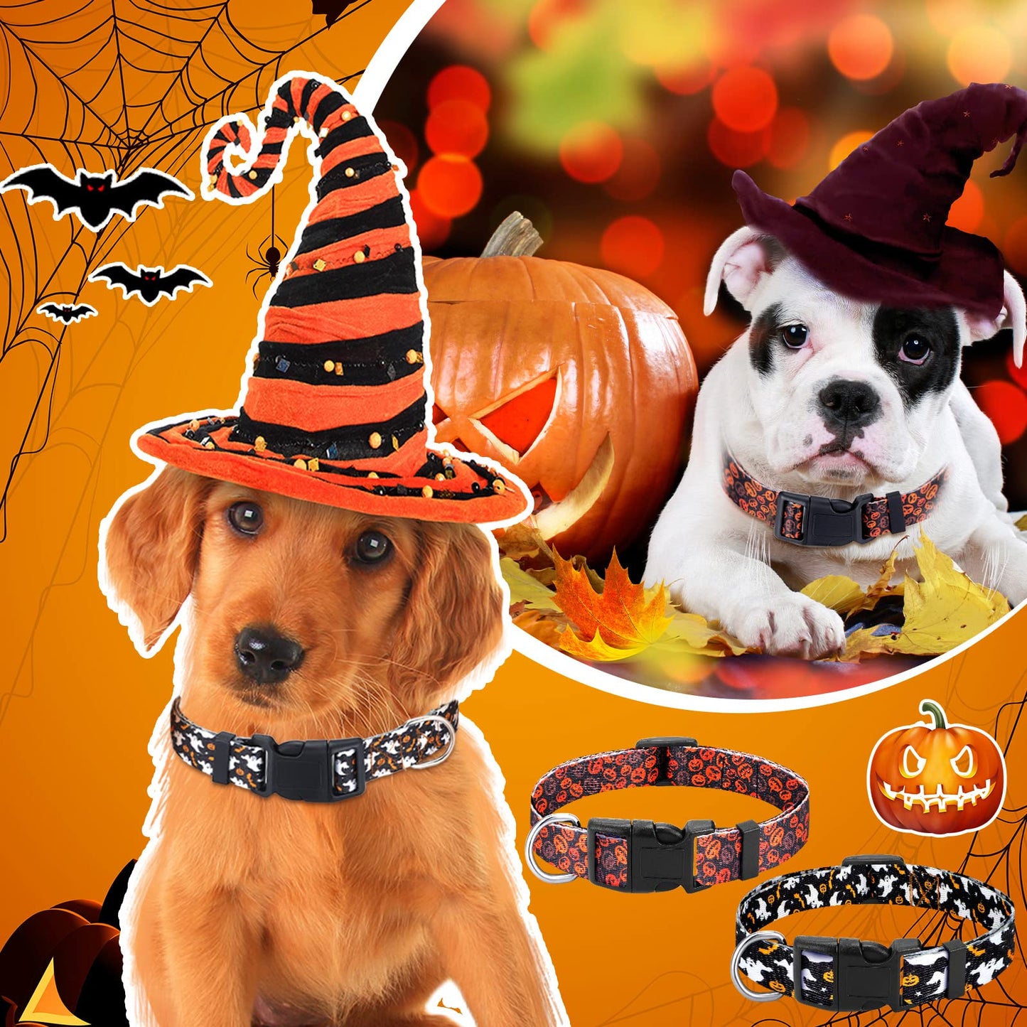 6 Pcs Halloween Dog Collars for Pumpkin Basic Adjustable Lightweight Holiday Comfortable Dog Collars with Plastic Buckle for Puppy Small Medium Large Pets(Medium)