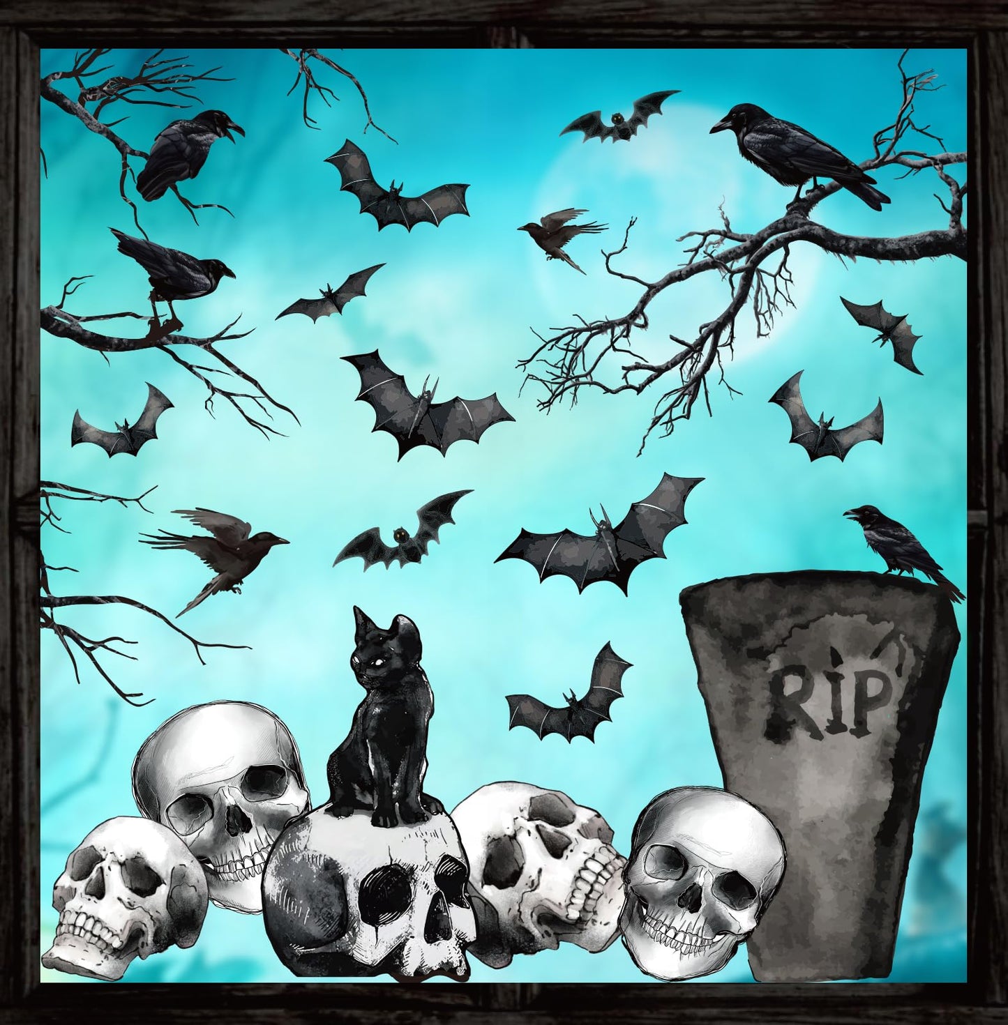 Whaline 6 Sheets Halloween Window Clings Graveyard Black Crow Bat Skull Reusable Window Decals for Gothic Party House Office School Home Glass Decor