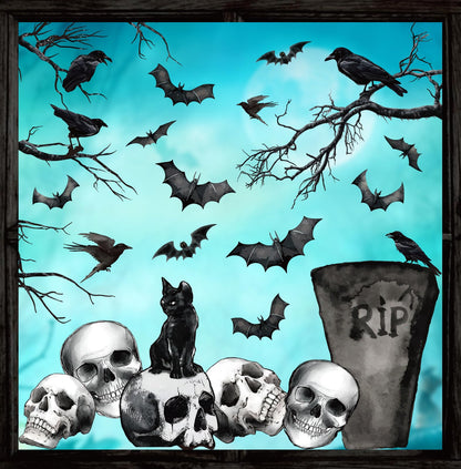 Whaline 6 Sheets Halloween Window Clings Graveyard Black Crow Bat Skull Reusable Window Decals for Gothic Party House Office School Home Glass Decor