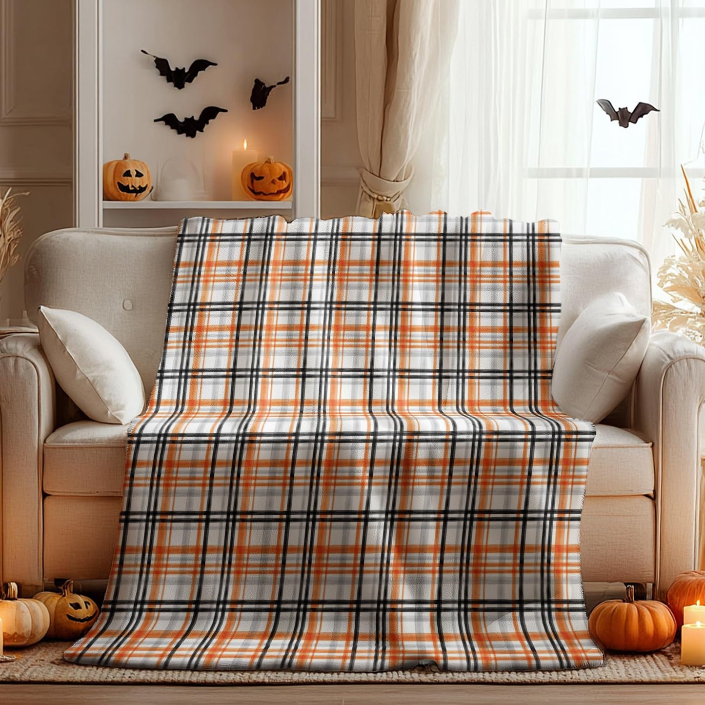 Horaldaily Halloween Flannel Blanket Throw, Orange Buffalo Plaid Soft Fuzzy Plush Cozy Fleece Blankets for Couch Sofa Bed Lounging, Ideal Gifts for Kids Adults Wife Self, 50x60