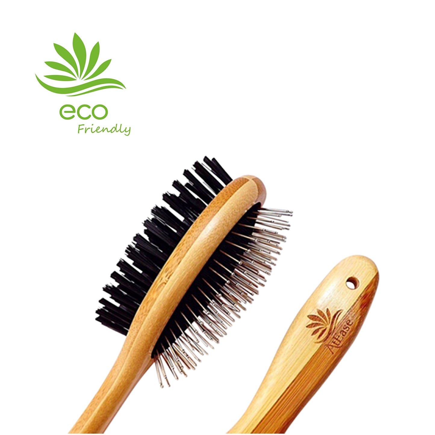 AtEase Accents Double Sided Dog Brush - for Long or Short Haired Dogs and Cats Natural Bamboo Eco Friendly Pet Grooming Dual Sided Pin and Bristles for Deshedding Hair
