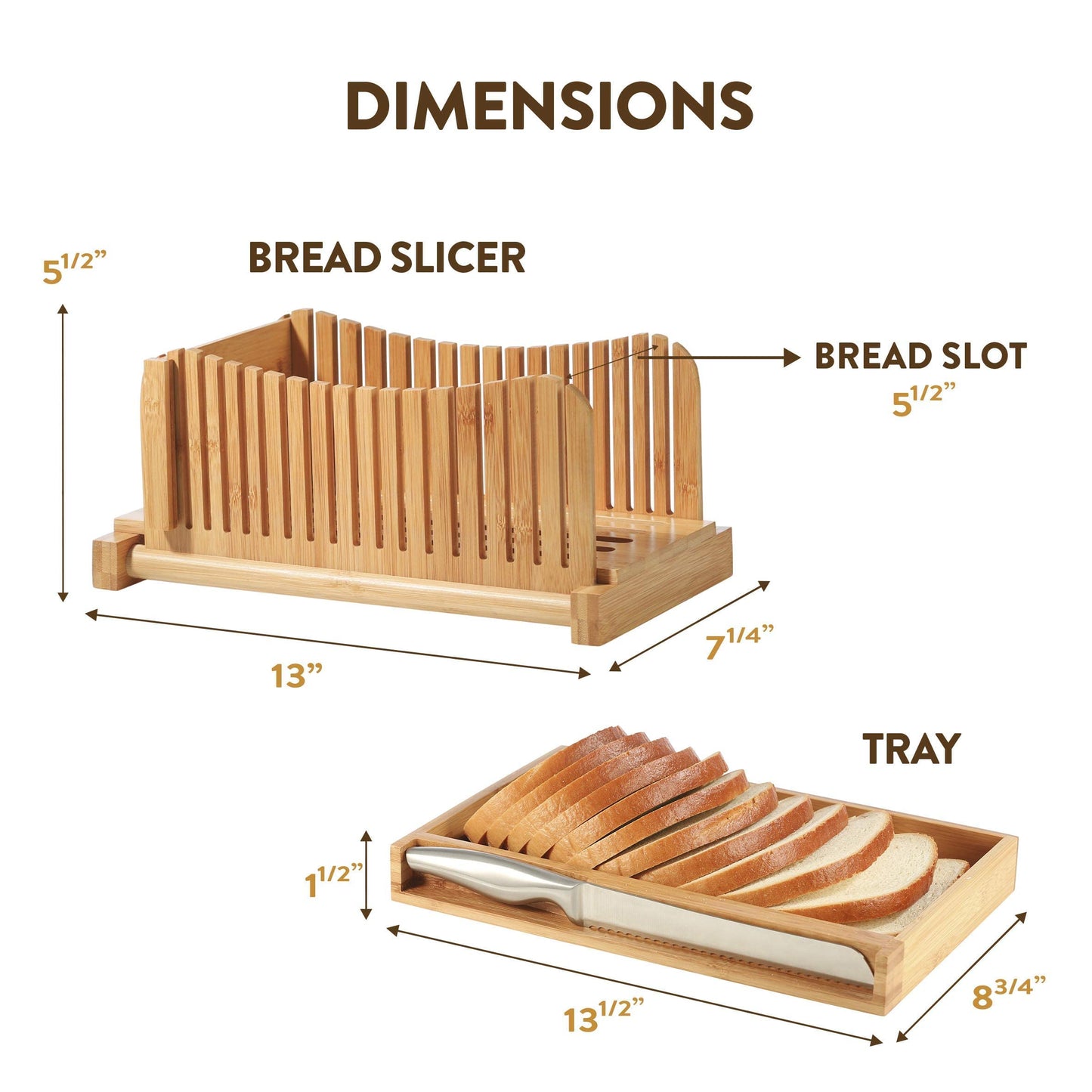 BAMBUSI Bread Slicer for Homemade Bread - Bamboo Bread Cutter with Knife, Foldable Slicing Guide, Crumb Tray - Compact Bread Loaf Slicer for Cakes, Bagels, Loaves - Kitchen Gadget, Baking Tool & Gift