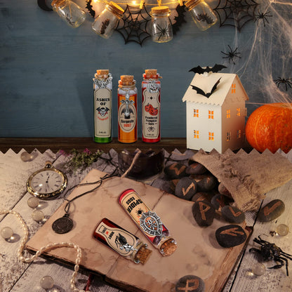 53 Pcs Halloween Mini Potion Bottles Set Including 12 Decorative Glass Bottles with Cork Stoppers 20 Creepy Apothecary Bottle Labels Stickers 20 Charms Pendants 1 String (5/10/15/20 ML,Classic)