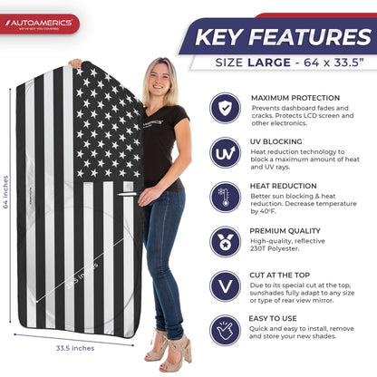 Autoamerics 1-Piece Windshield Sun Shade B&W American Flag USA Patriotic Design - Foldable Car Fits Easily to SUV & Truck Vehicles UV Ray Blocker Keeps Your Vehicle Cool Large