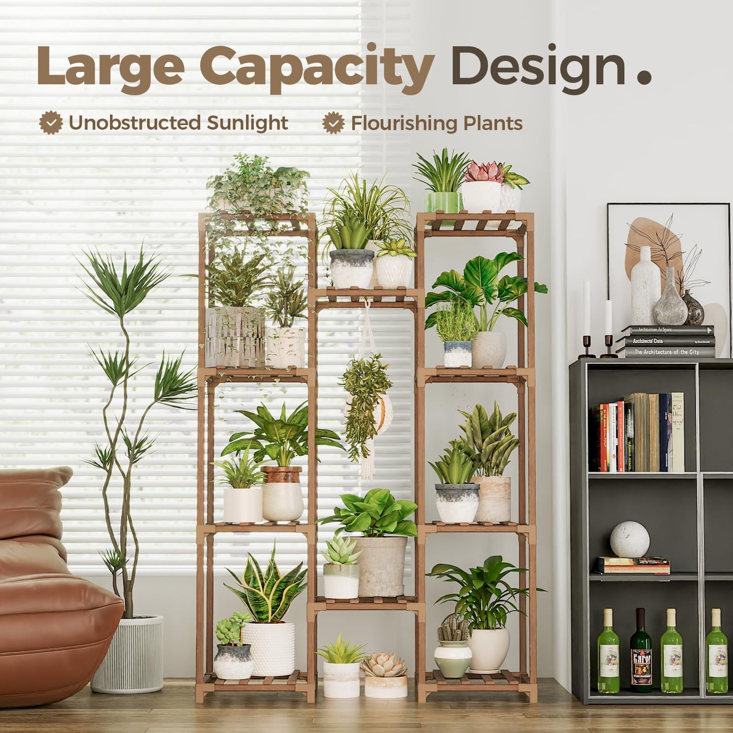 Bamworld Plant Stand Indoor Outdoor Tall Plant Shelf for Multiple Plants Pots Wood Flower Stand Large Flower Holder for Living Room, Patio, Balcony, Garden Decor, Brown