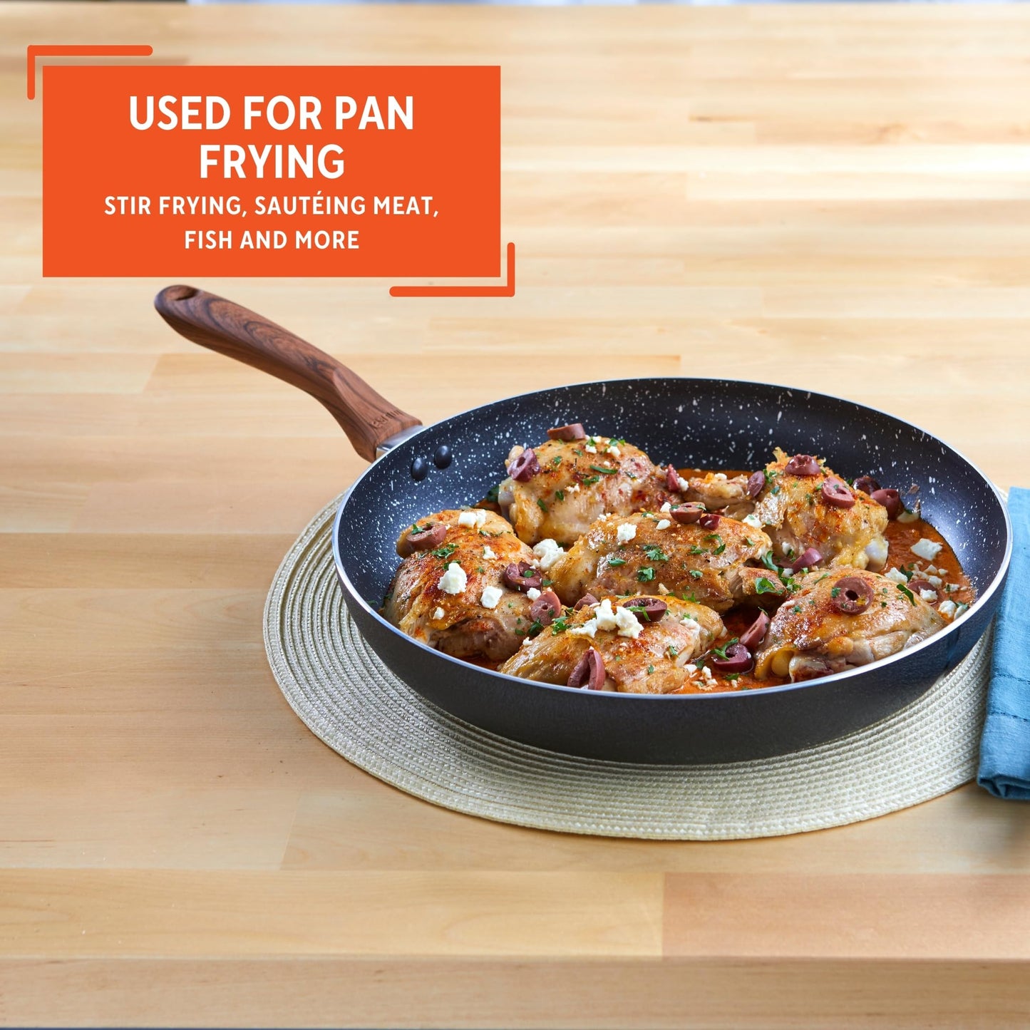 IMUSA USA Woodlook 8" Black Stone Fry Pan Handle and Speckled Nonstick Interior, 8"