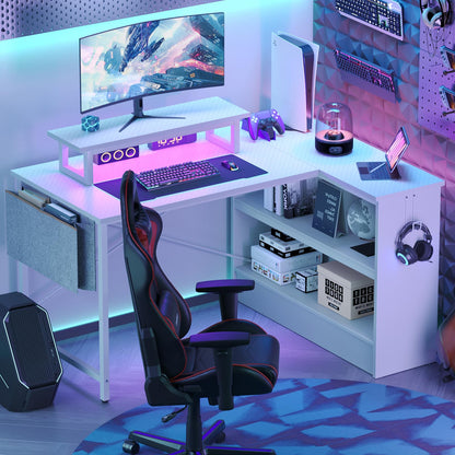 Bestier L Shaped Gaming Desk with LED Lights, 42 Inch Computer Desk with Monitor Stand & Open Storage Cabinet,Writing Study Corner Desk for Home Office Bedroom, White