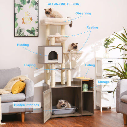 Hey-brother Cat Tree with Litter Box Enclosure, Modern Cat Tower for Indoor Cats with Large Platform, Condo Food Station and 2 Hammocks, All-in-one Cat Furniture, Wood Rustic Gray MPJ115SG