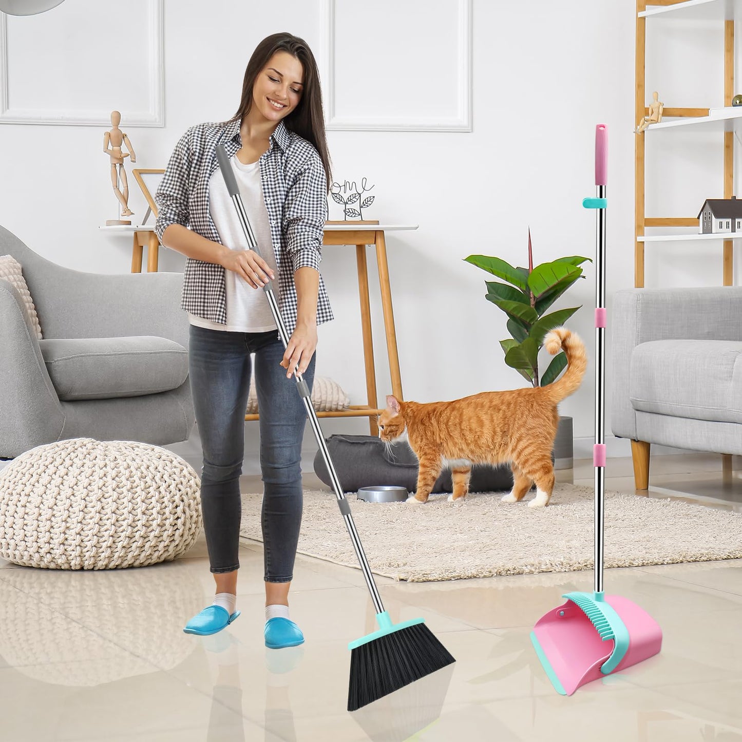 Broom and Dustpan Set, 52-in Long Adjustable Handle Broom Dustpan Combo with Dust pan Teeth to Automatically Clean Hair Suitable for Home Kitchen Office Hall Floor (Pink&Blue), 2 Pack