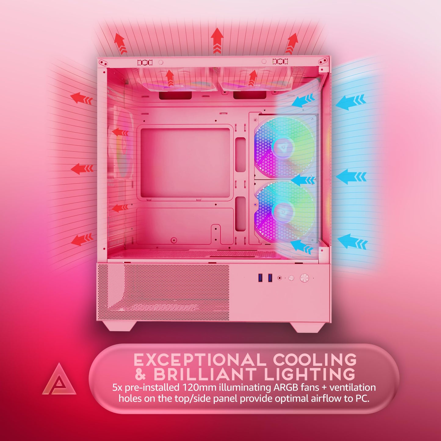 Apevia Phantom-PK Phantom Micro-ATX Dual-Chamber Gaming PC Case w/ 5X 120mm ARGB Fans, 366 RGB Modes, Dual Tempered Glass Panels, 240mm Radiator Support, 2X USB3.0, HD Audio Port, Pink