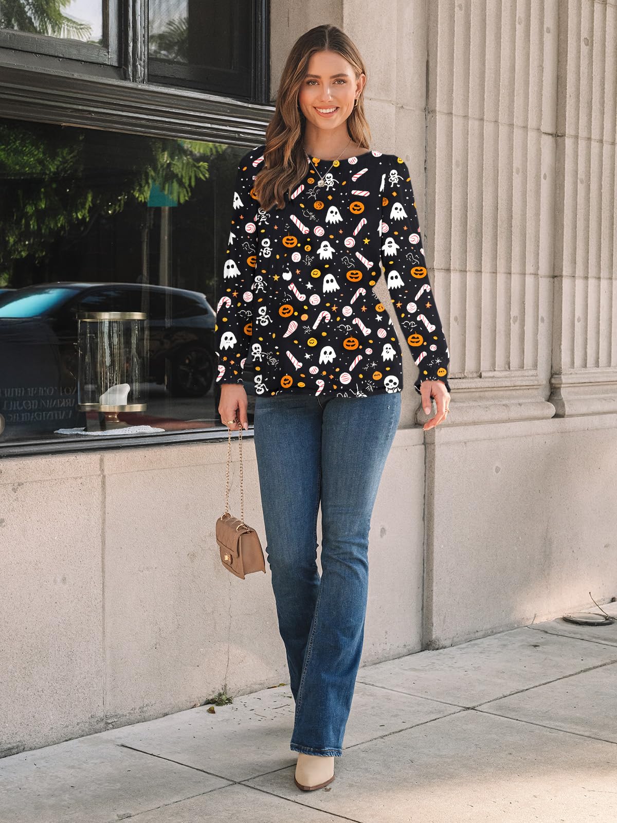 AUTOMET Long Sleeve Shirts Womens Halloween Fall Fashion 2025 Business Casual Tops Womens Trendy Dressy Blouses Cute Work Loose Fit Tee T Tshirts Ladies Tunic Clothes Outfit Clothing Legging Pumpkin