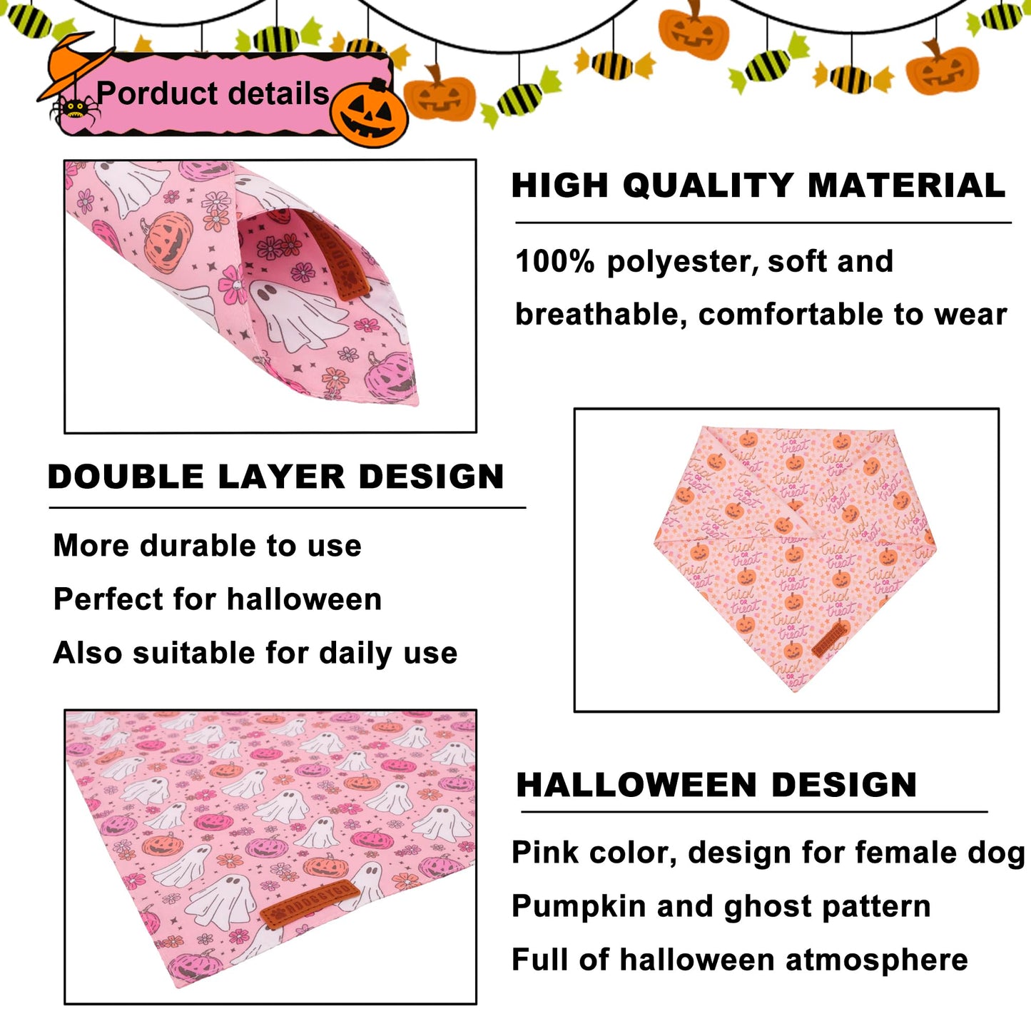 ADOGGYGO Halloween Dog Bandana, Pink Pumpkin Ghost Scarf, Adjustable Fit Female Halloween Bandanas for Medium Large Dogs Pets (Large)