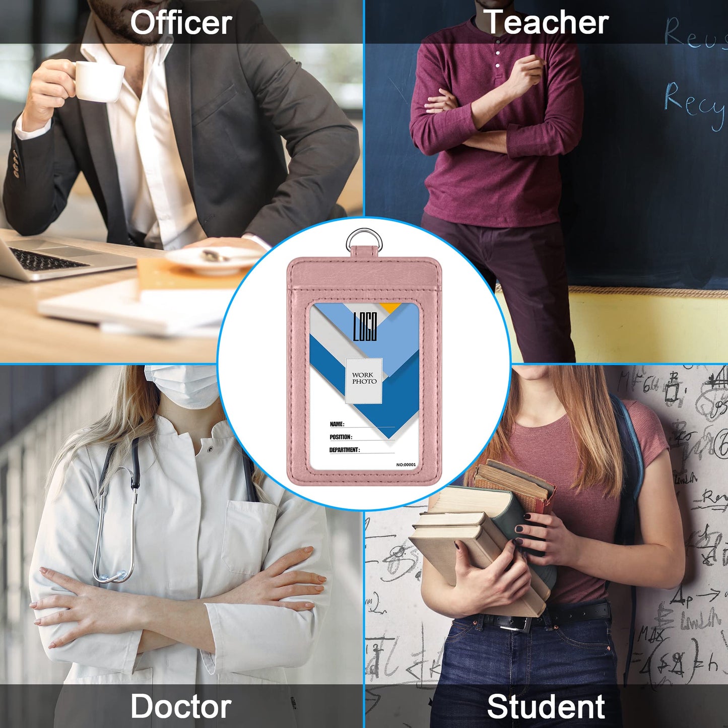 Badge Holder, Wisdompro 2-Sided PU Leather ID Badge Card Holder Wallet Case with 1 Clear ID Window and 1 Credit Card Slot and 22 Inch Quick Rlease Detachable Neck Lanyard Strap-Rose Gold (Vertical)