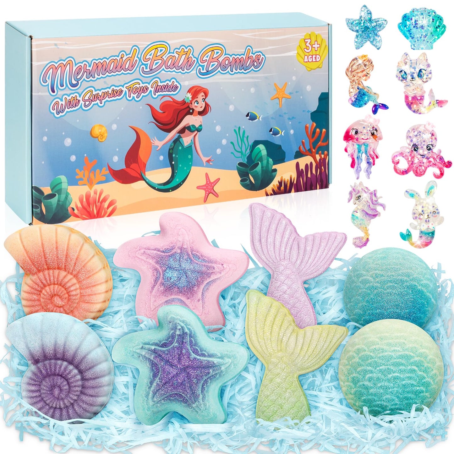8 Packs Bath Bombs for Kids Girls, Mermaid Bath Bomb with Surprise Toys Inside, Princess Bubble Bath Toys for Kids Aged 4-8, Christmas Birthday Gifts for Girls 3 4 5 6 7 8