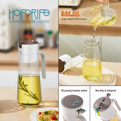 hoforife Glass Olive Oil Dispenser Bottle & Oil Sprayer Bottle 2 In 1 for Kitchen Cooking, Auto Flip Cap, 18oz White
