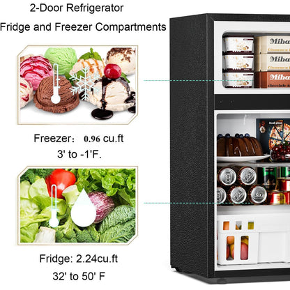 Antarctic Star Mini Compact Refrigerator, 3.2 Cu.Ft. Separate Freezer Double 2-Door Adjustable Removable Shelves for Apartment/Dorm/Office,BLACK